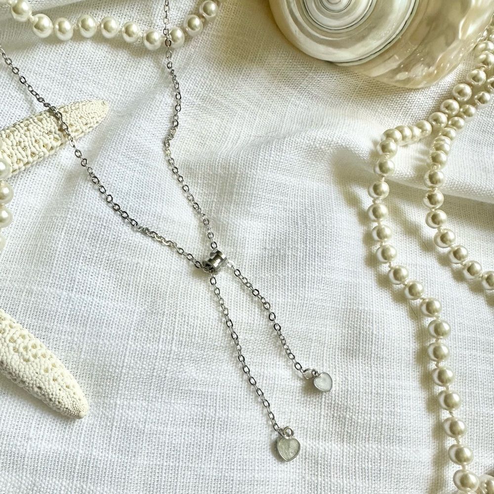Pearlescent double heart chain dangle necklace